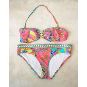 Trina Turk Swimsuit Pink Floral Coral Reef Size 8 Bandeau Top 12 Bottom 2 Piece